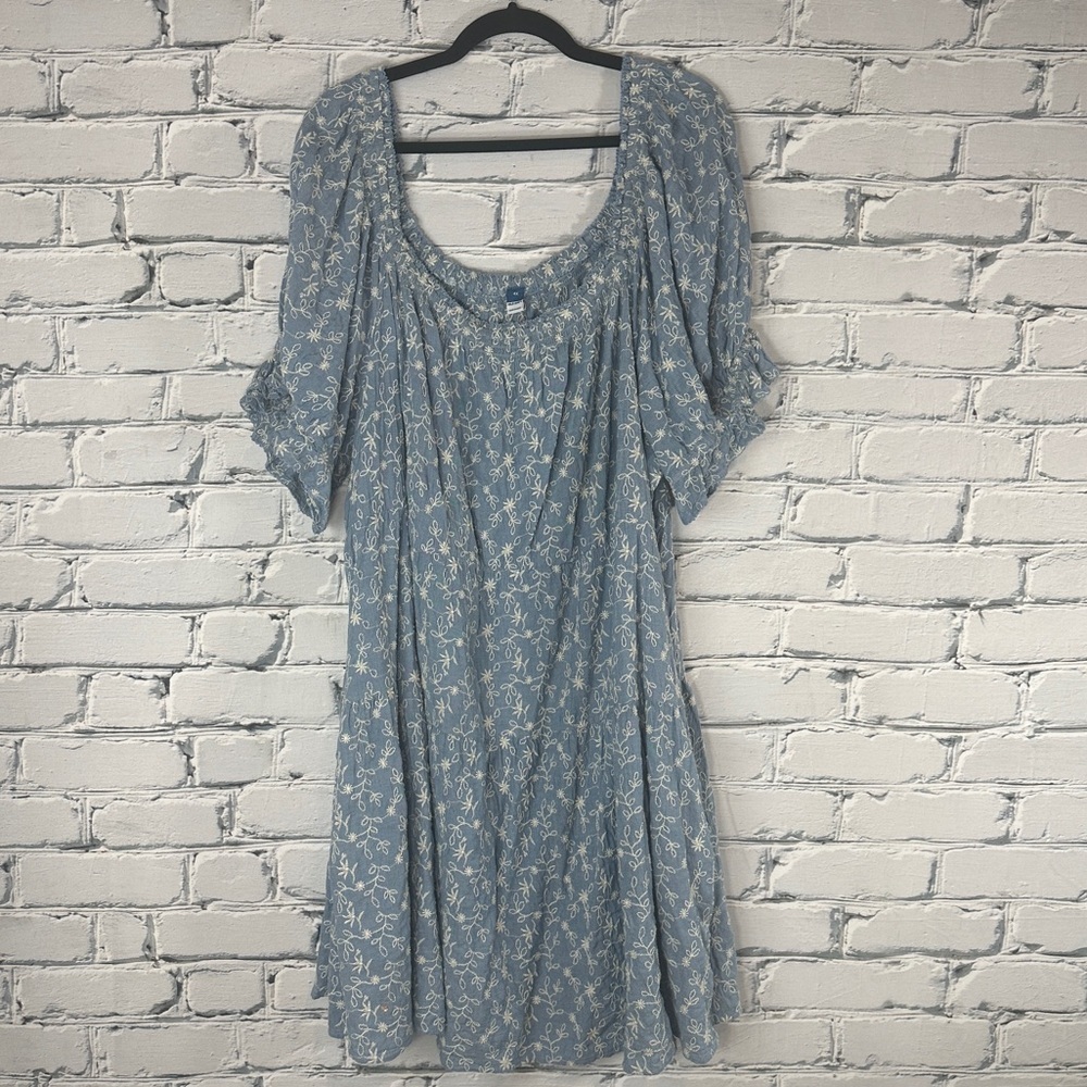 Old Navy Puff-Sleeve Tiered Swing Dress 4x Chambray Embroidered Cottagecore - Picture 7 of 10
